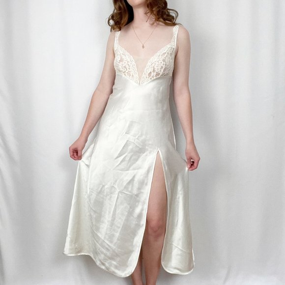 Vintage VS Gold Label Silky Lace Slip Dress Slit Sheer Bridal Wedding Midi Maxi - Picture 1 of 9